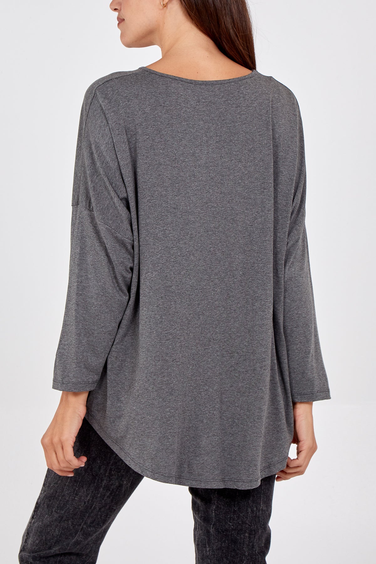 Dark Grey High Low Curved Hem Long Sleeve Top For Women ONE SIZE - Dropwear