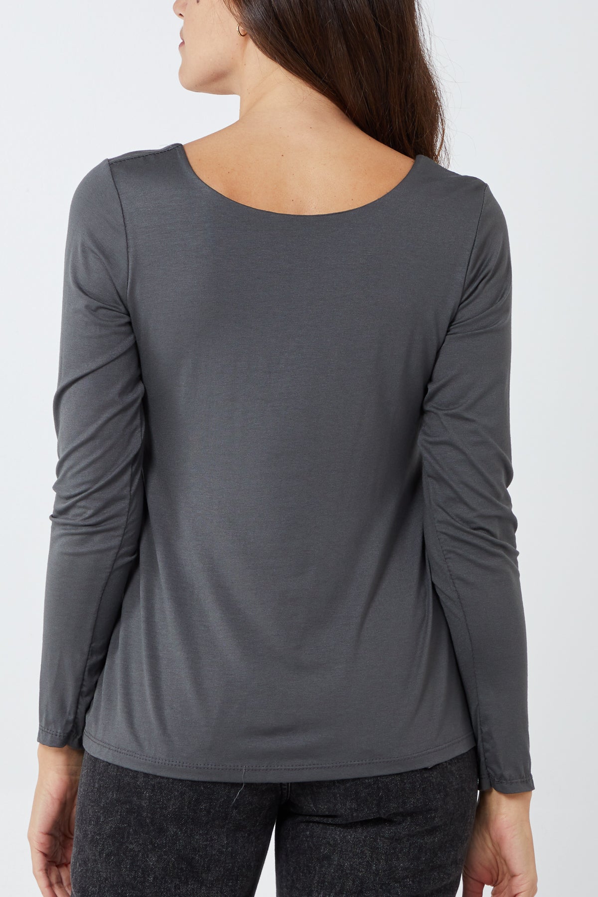 Dark Grey Basic Double Layer Scoop Neck Long Sleeve Top For Women ONE SIZE - Dropwear