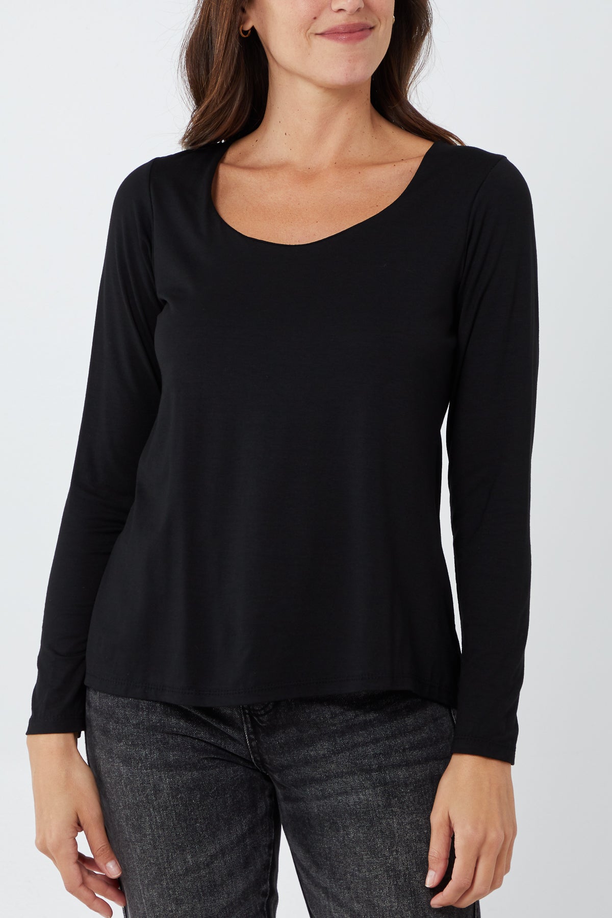Navy Basic Double Layer Scoop Neck Long Sleeve Top For Women ONE SIZE - Dropwear