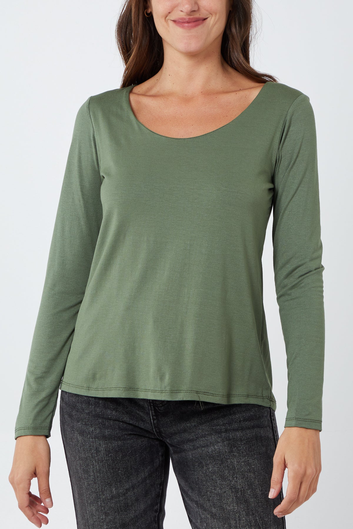 Khaki Basic Double Layer Scoop Neck Long Sleeve Top For Women ONE SIZE - Dropwear
