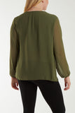 Beige Pleated Long Sleeve Necklace Top For Women ONE SIZE - Dropwear