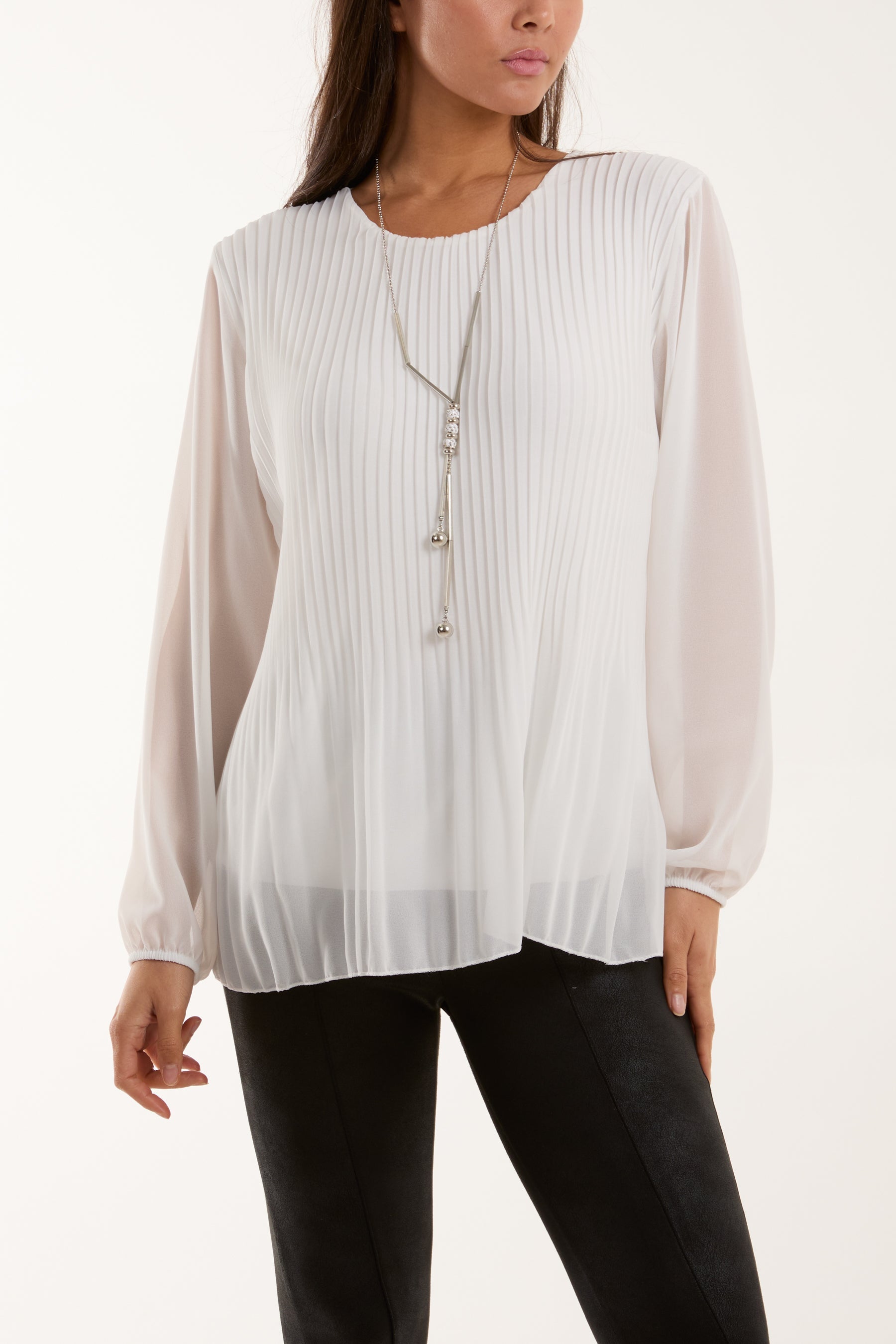 Pleated Long Sleeve Necklace Top For Women  - Dropwear