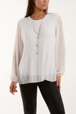 Pleated Long Sleeve Necklace Top For Women  - Dropwear