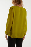 Pleated Long Sleeve Necklace Top For Women  - Dropwear