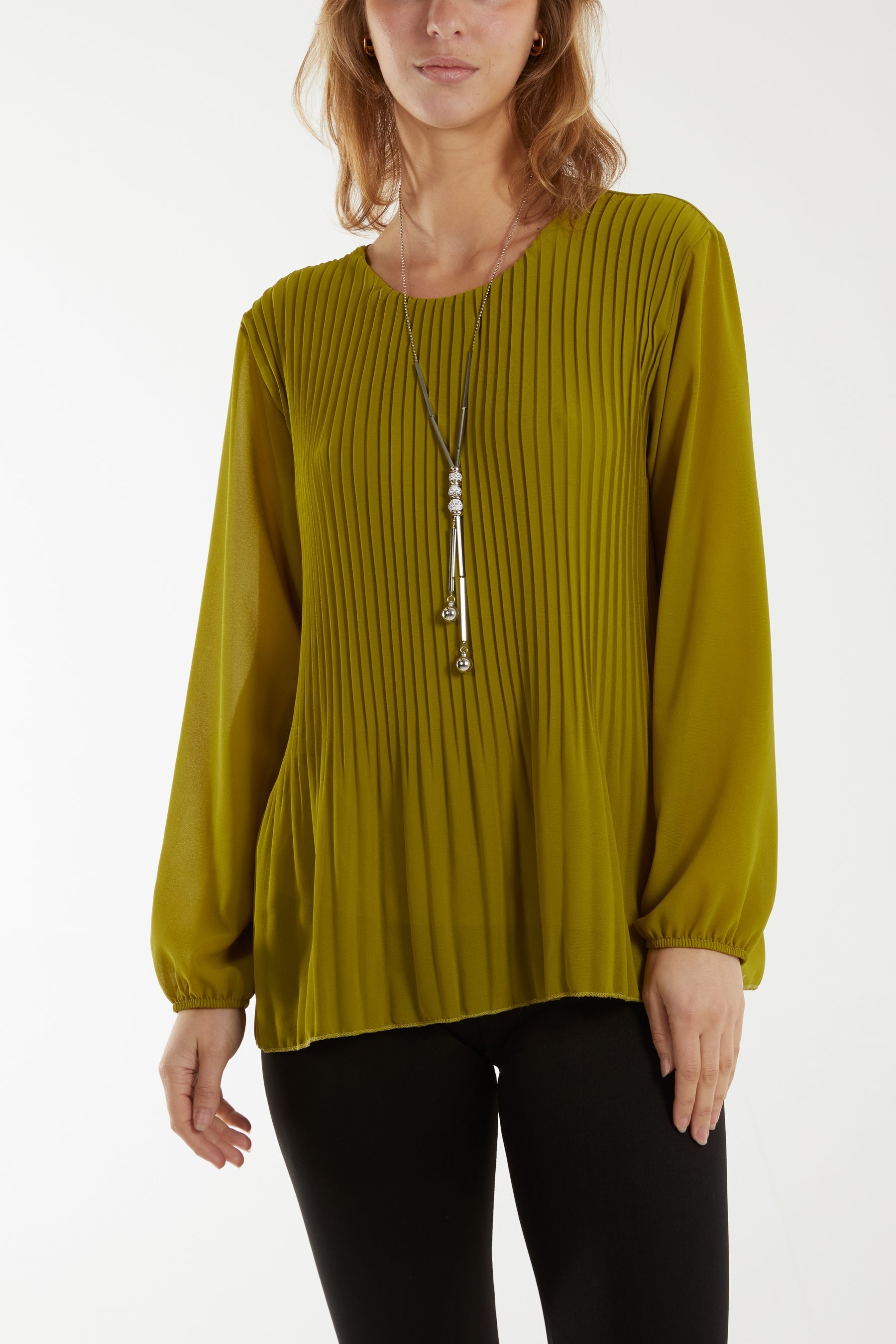 Pleated Long Sleeve Necklace Top For Women  - Dropwear