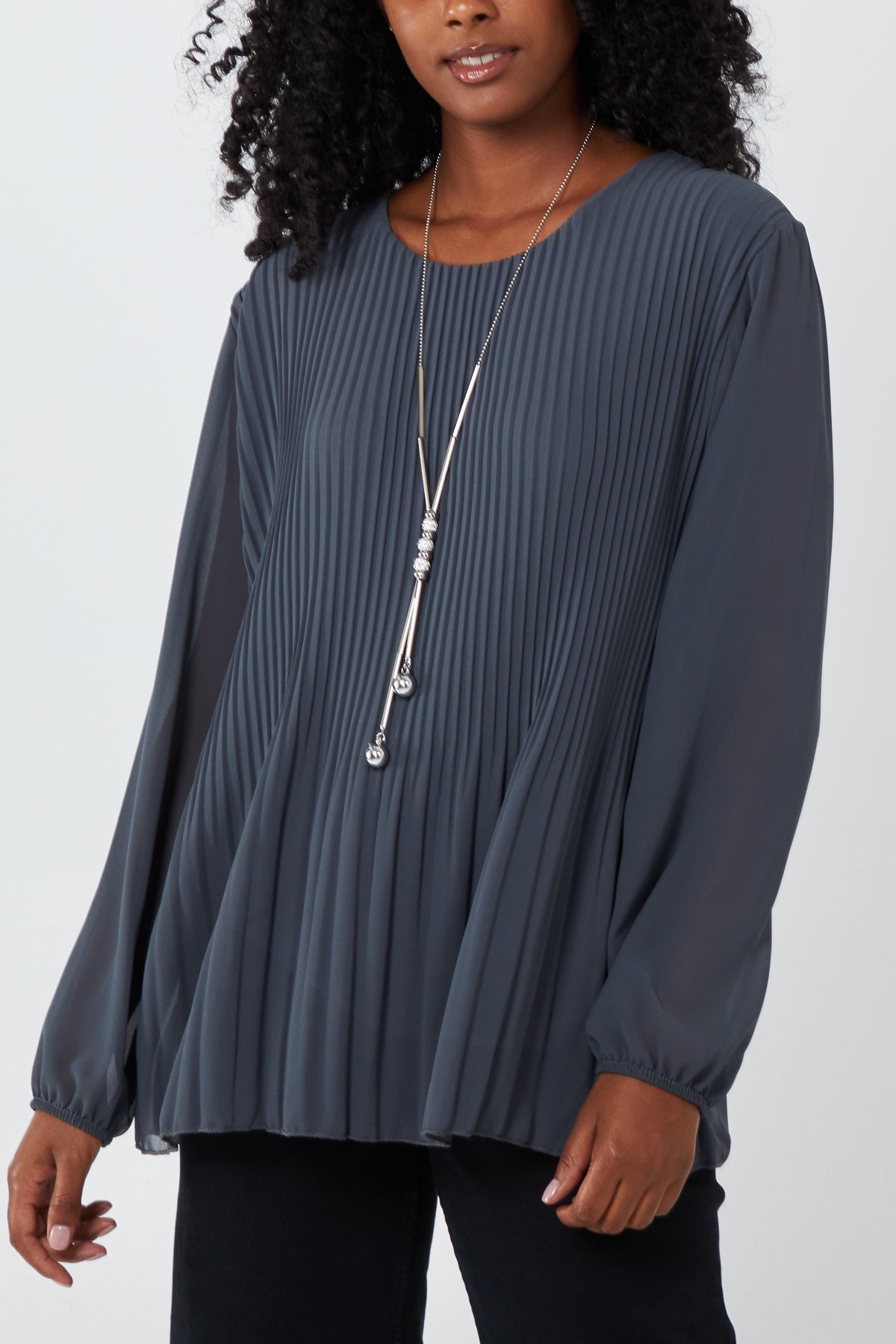 Pleated Long Sleeve Necklace Top For Women  - Dropwear