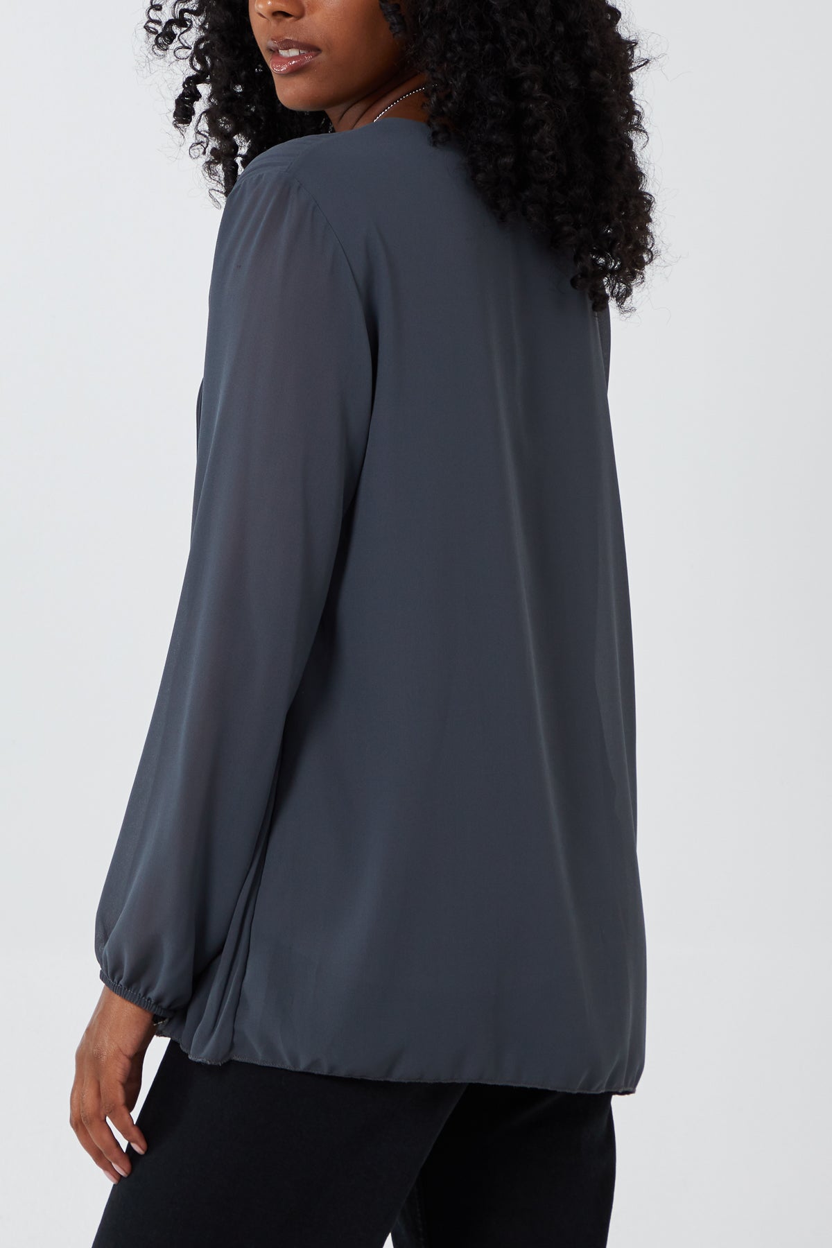 Pleated Long Sleeve Necklace Top For Women  - Dropwear