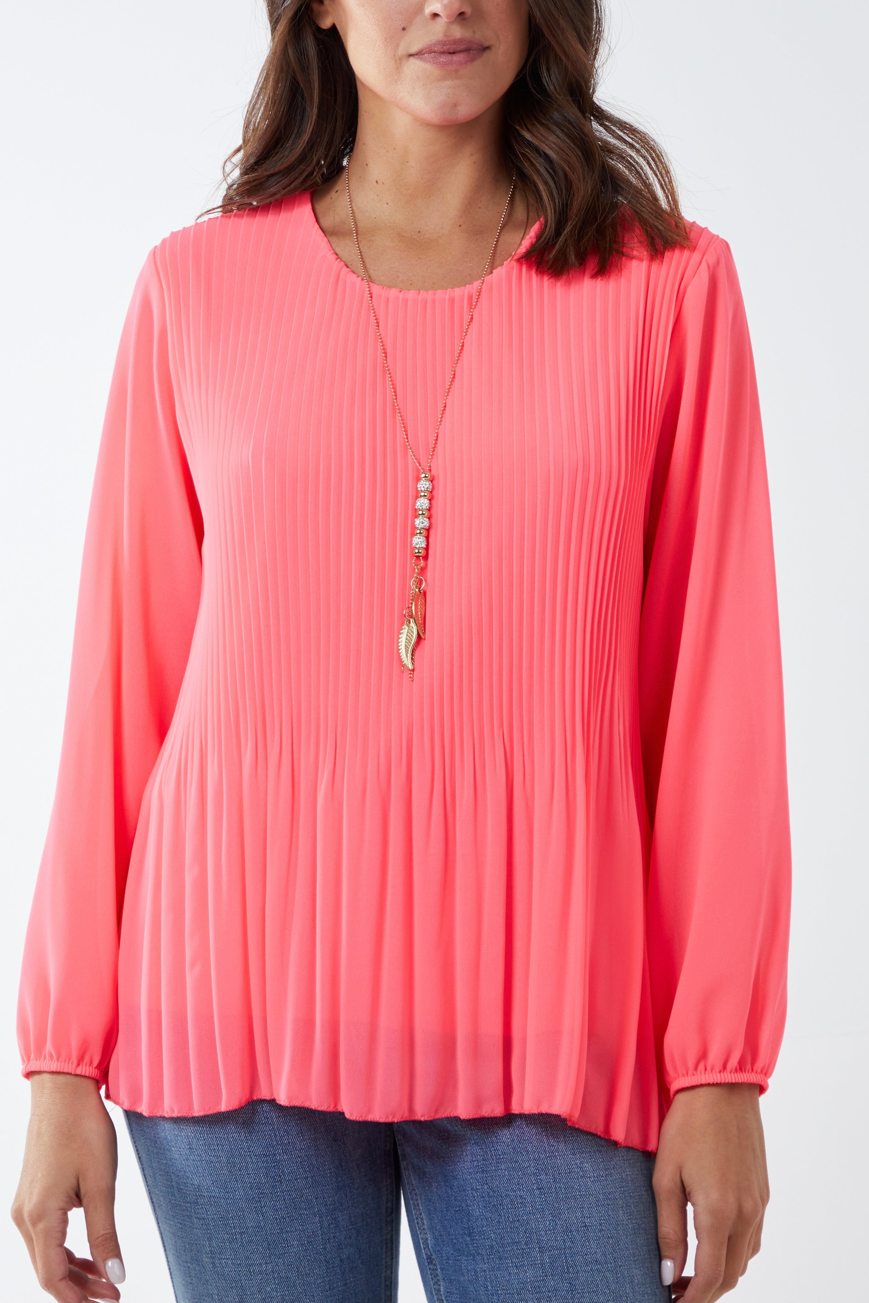 Pleated Long Sleeve Necklace Top For Women  - Dropwear