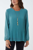 Coral Pleated Long Sleeve Necklace Top For Women ONE SIZE - Dropwear