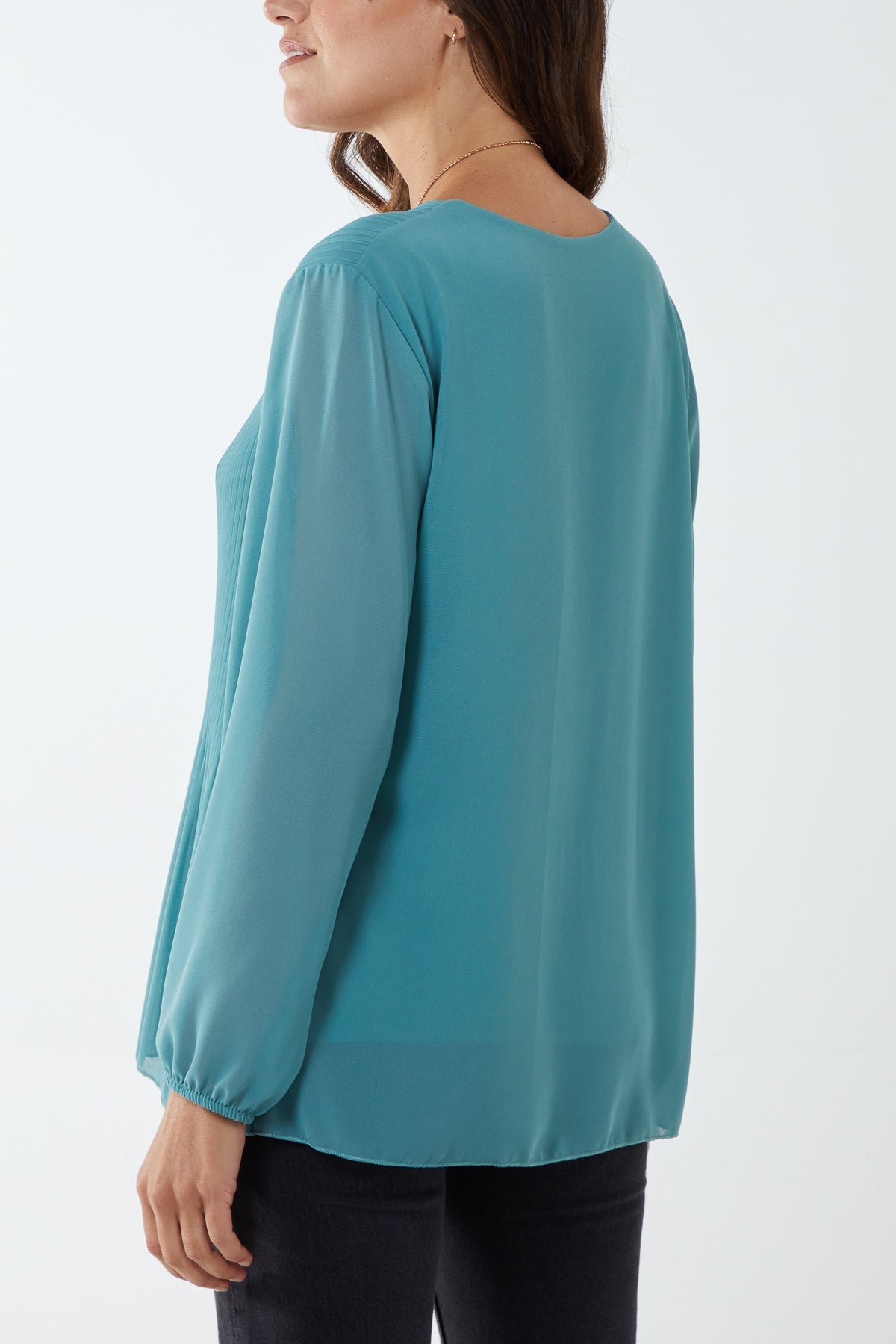 Navy Pleated Long Sleeve Necklace Top For Women ONE SIZE - Dropwear