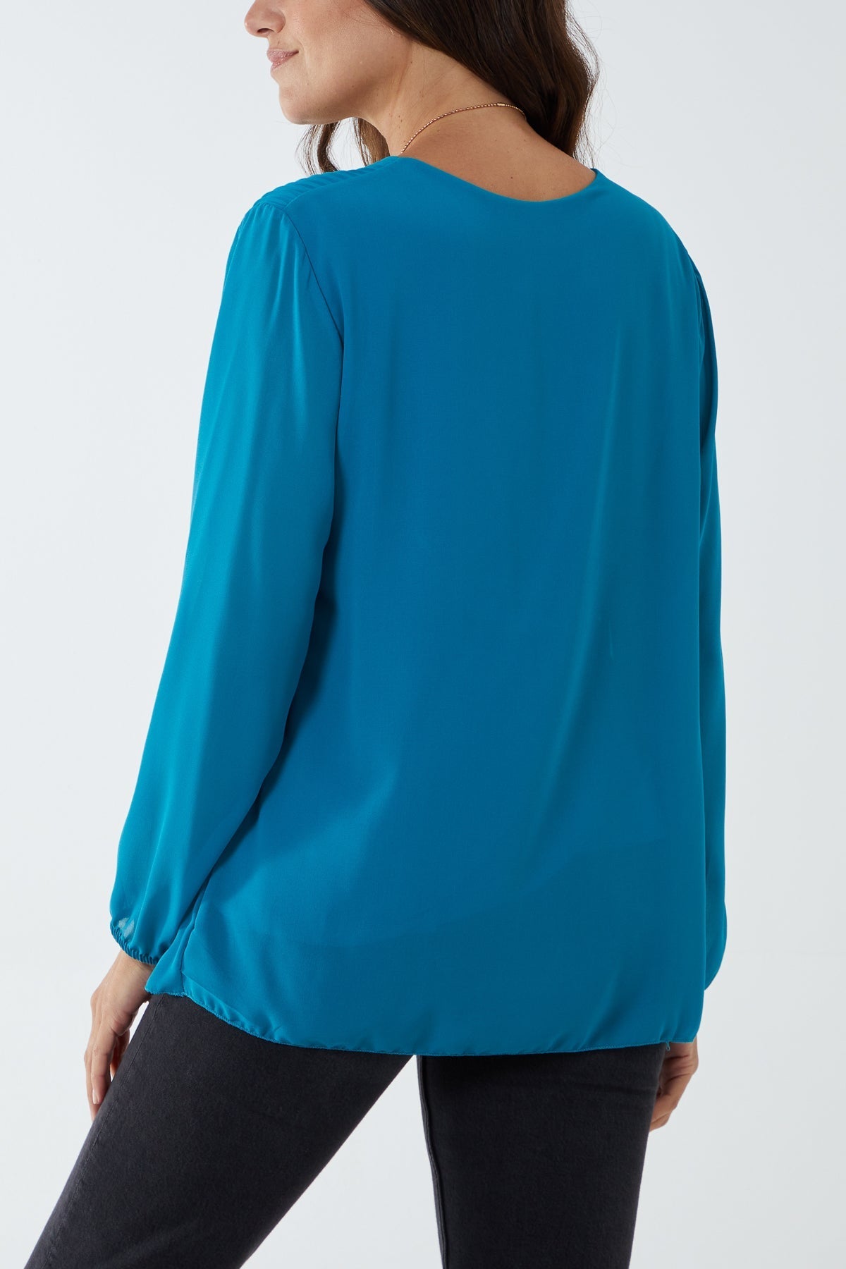 Pleated Long Sleeve Necklace Top For Women  - Dropwear
