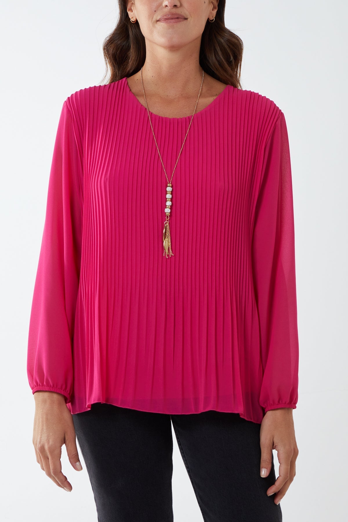 Neon Pink Pleated Long Sleeve Necklace Top For Women ONE SIZE - Dropwear