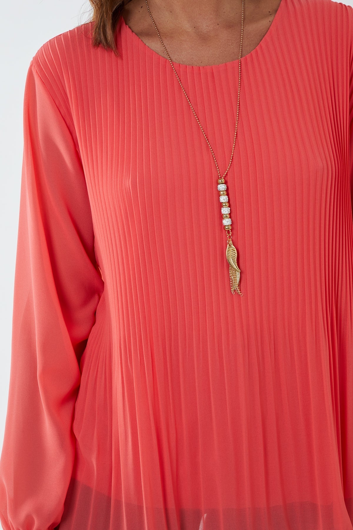 Pleated Long Sleeve Necklace Top For Women  - Dropwear