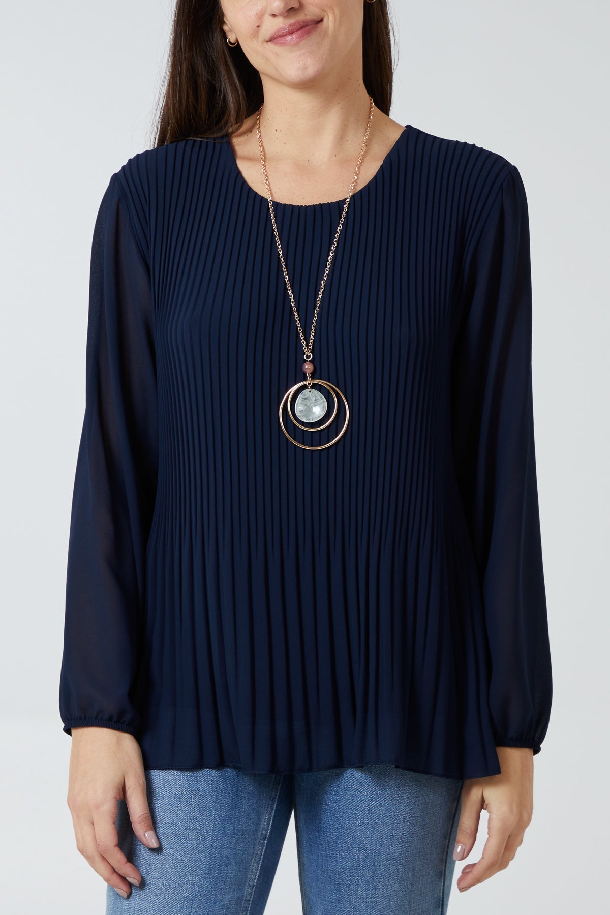 Pleated Long Sleeve Necklace Top For Women  - Dropwear