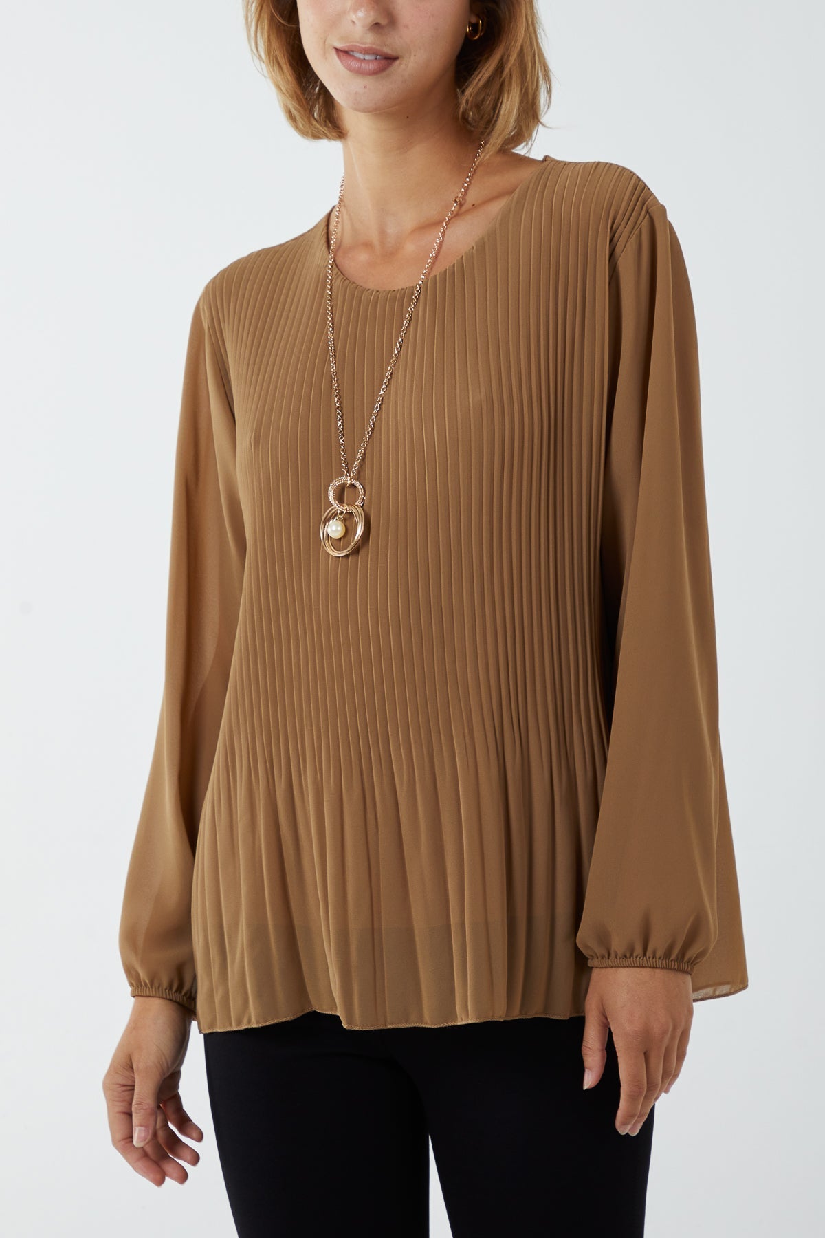 Pleated Long Sleeve Necklace Top For Women  - Dropwear