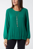 Teal Pleated Long Sleeve Necklace Top For Women ONE SIZE - Dropwear