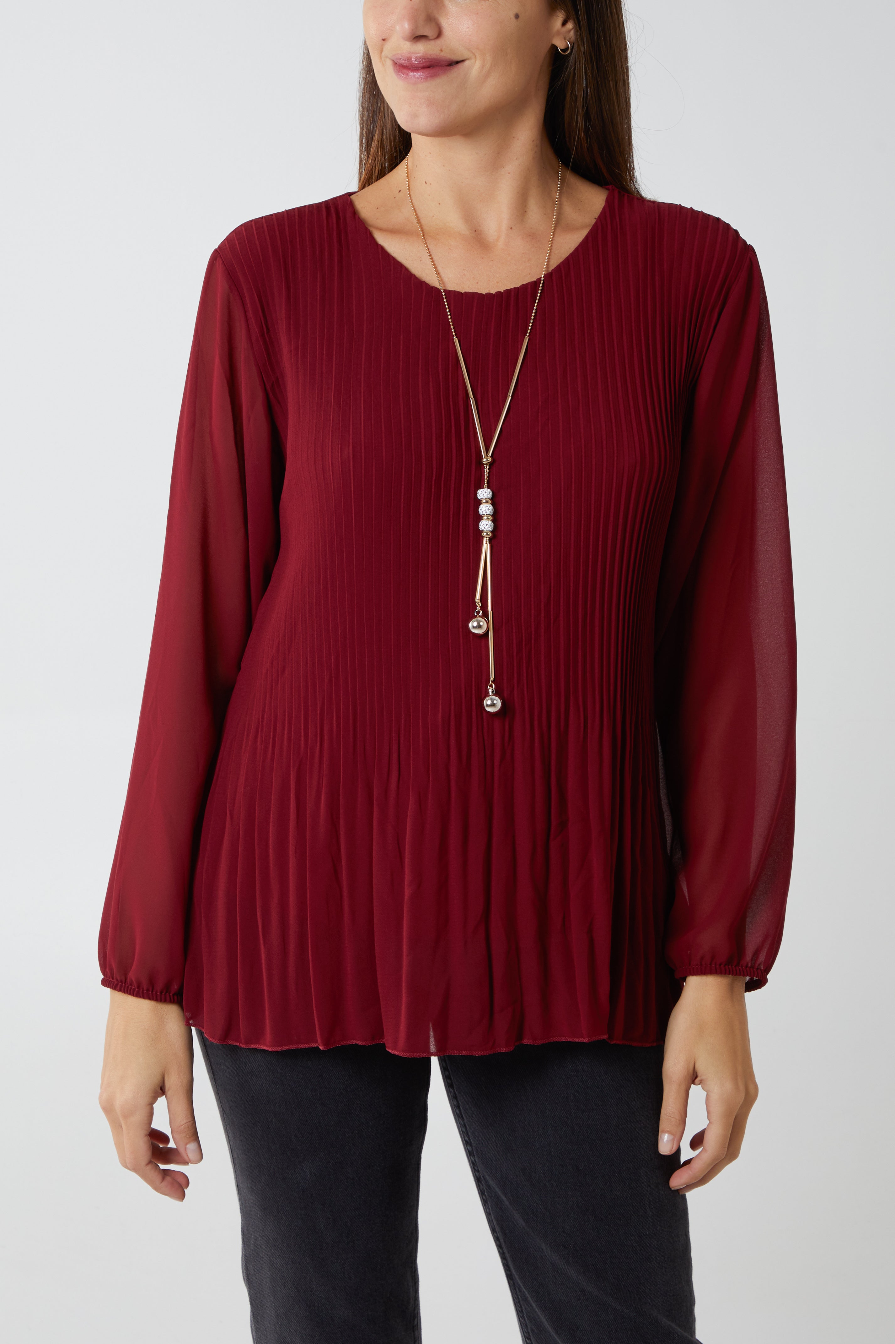 Pleated Long Sleeve Necklace Top For Women  - Dropwear