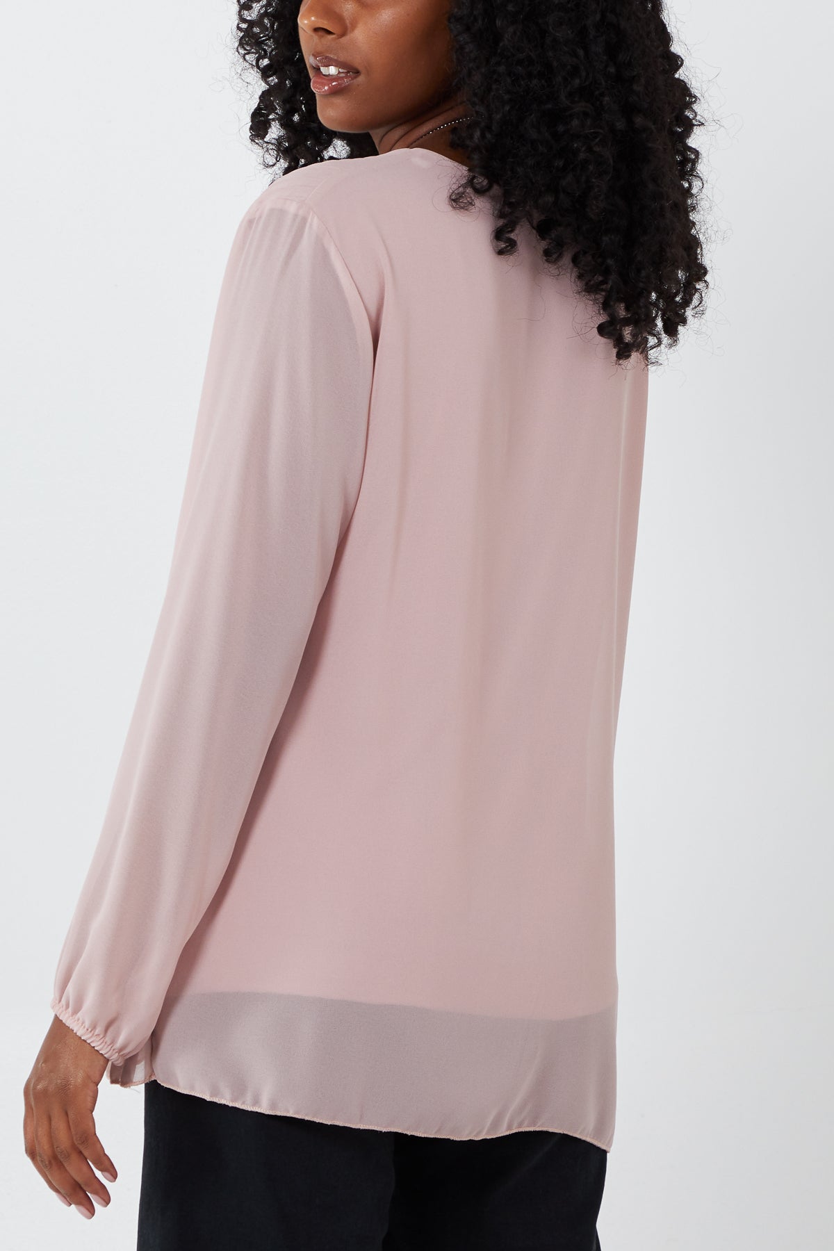 Pleated Long Sleeve Necklace Top For Women  - Dropwear