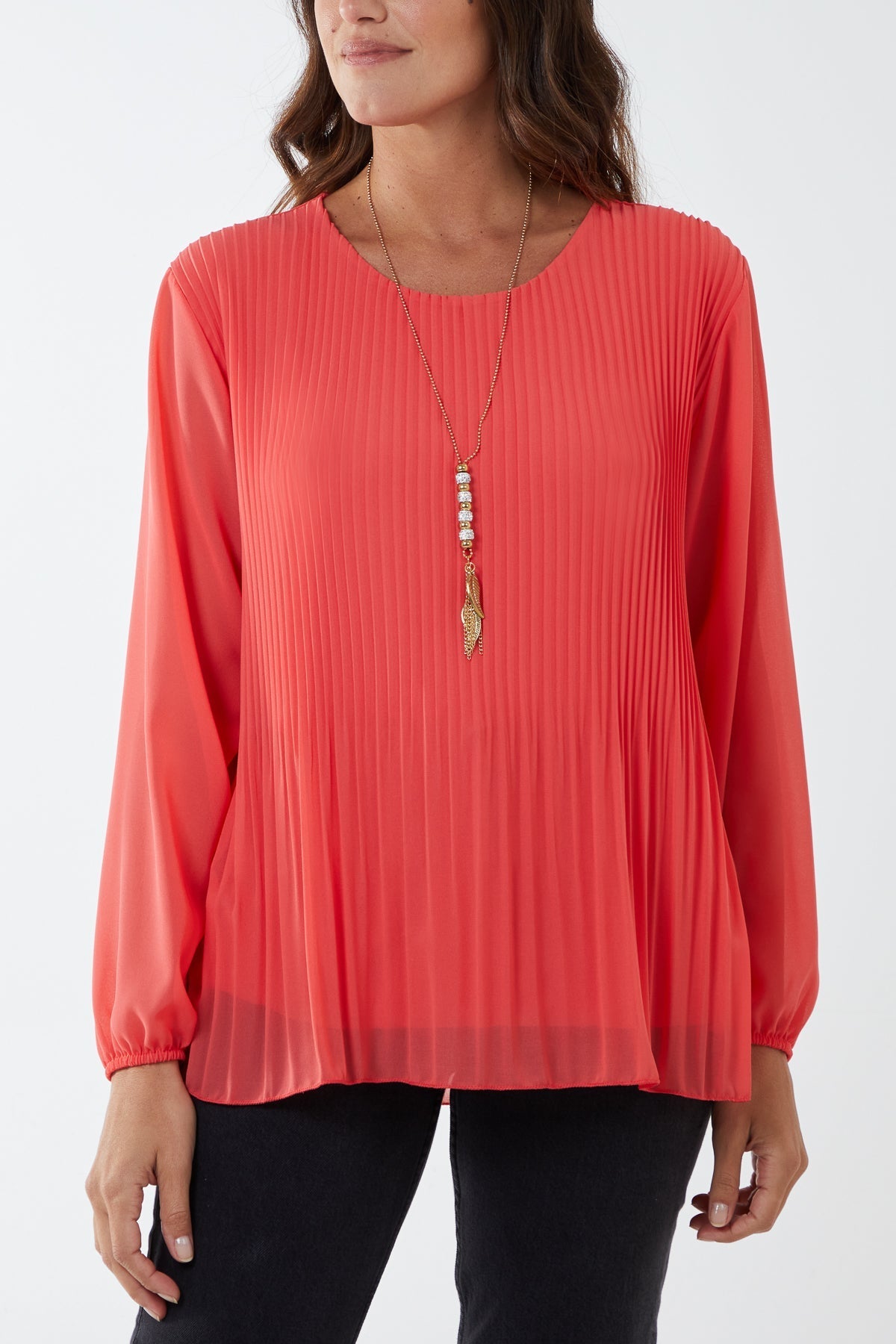 Pleated Long Sleeve Necklace Top For Women  - Dropwear