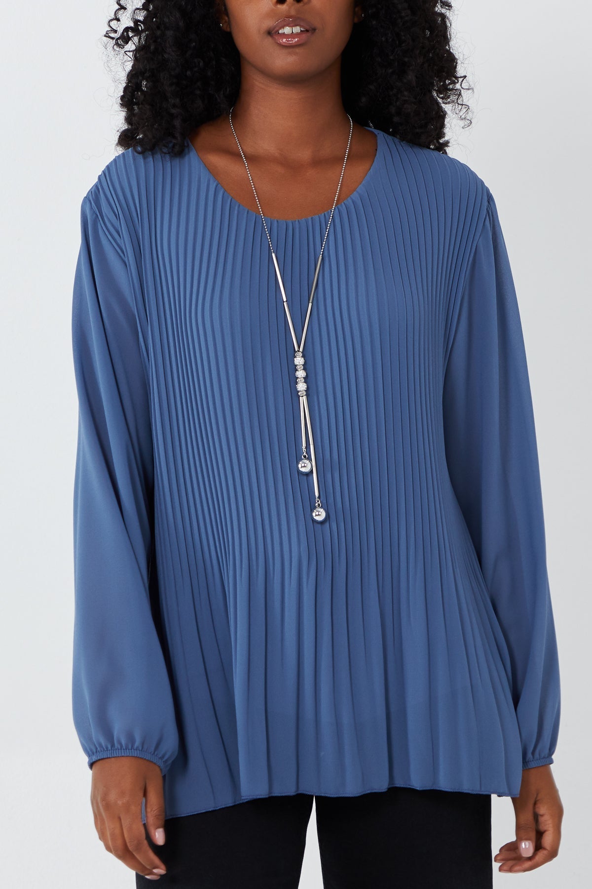 Pleated Long Sleeve Necklace Top For Women  - Dropwear