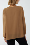 Pleated Long Sleeve Necklace Top For Women  - Dropwear