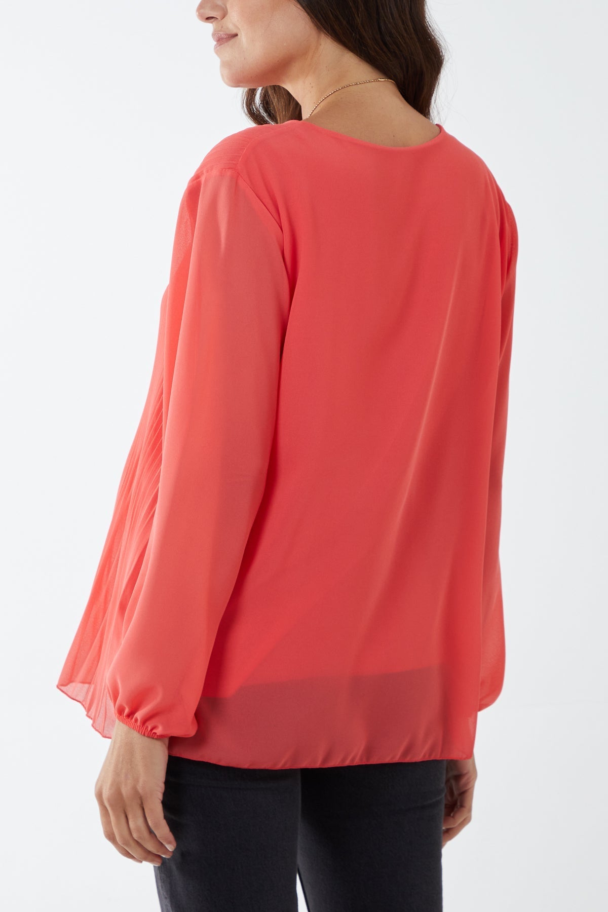 Pleated Long Sleeve Necklace Top For Women  - Dropwear