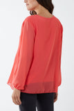Pleated Long Sleeve Necklace Top For Women  - Dropwear
