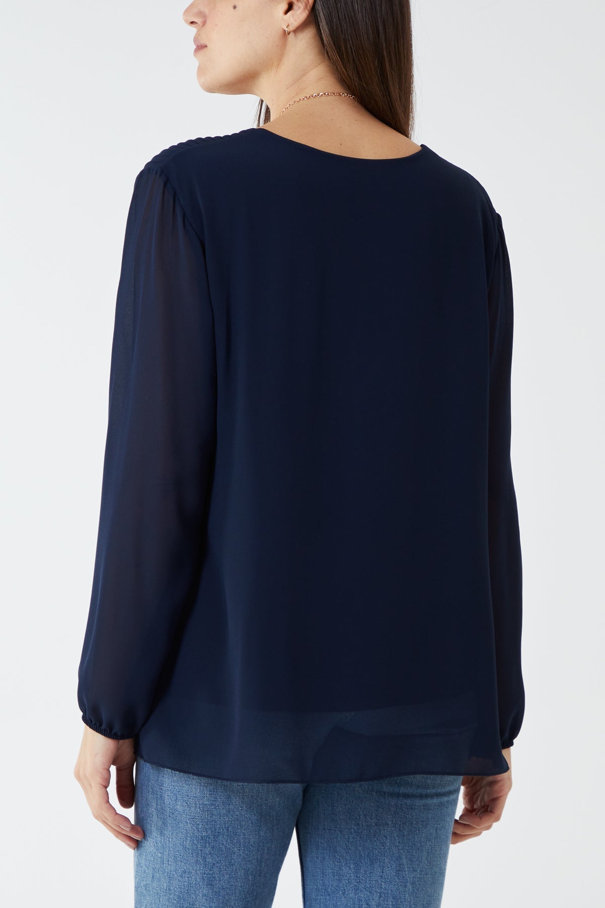 Pleated Long Sleeve Necklace Top For Women  - Dropwear