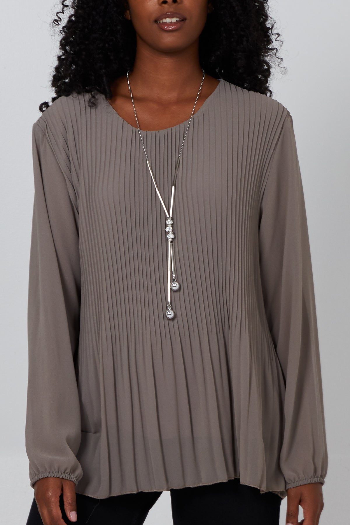 Pleated Long Sleeve Necklace Top For Women  - Dropwear