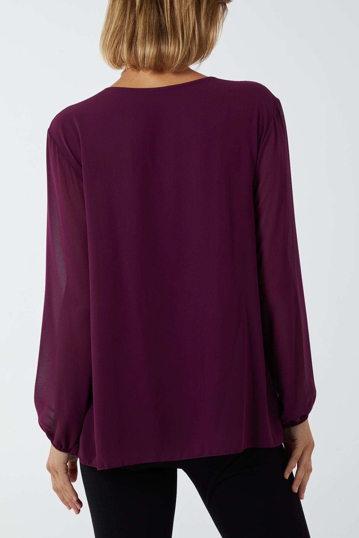 Pleated Long Sleeve Necklace Top For Women  - Dropwear