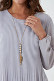 Grey Pleated Long Sleeve Necklace Top For Women ONE SIZE - Dropwear
