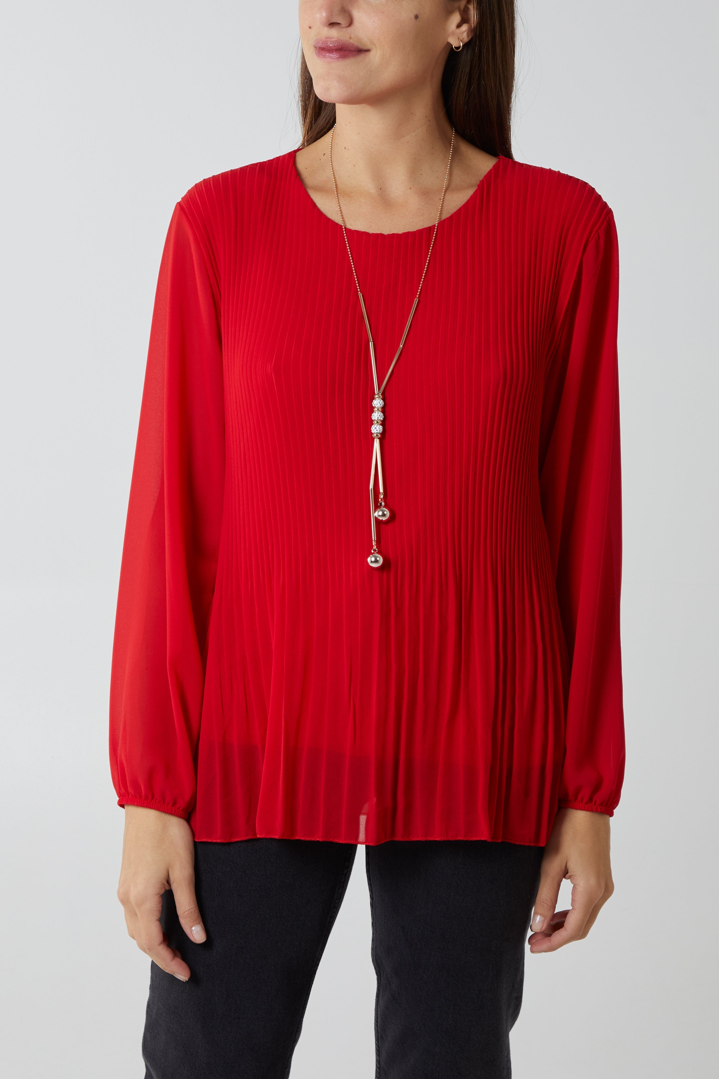 Pleated Long Sleeve Necklace Top For Women  - Dropwear
