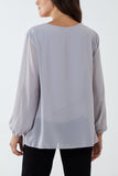 Pink Pleated Long Sleeve Necklace Top For Women ONE SIZE - Dropwear