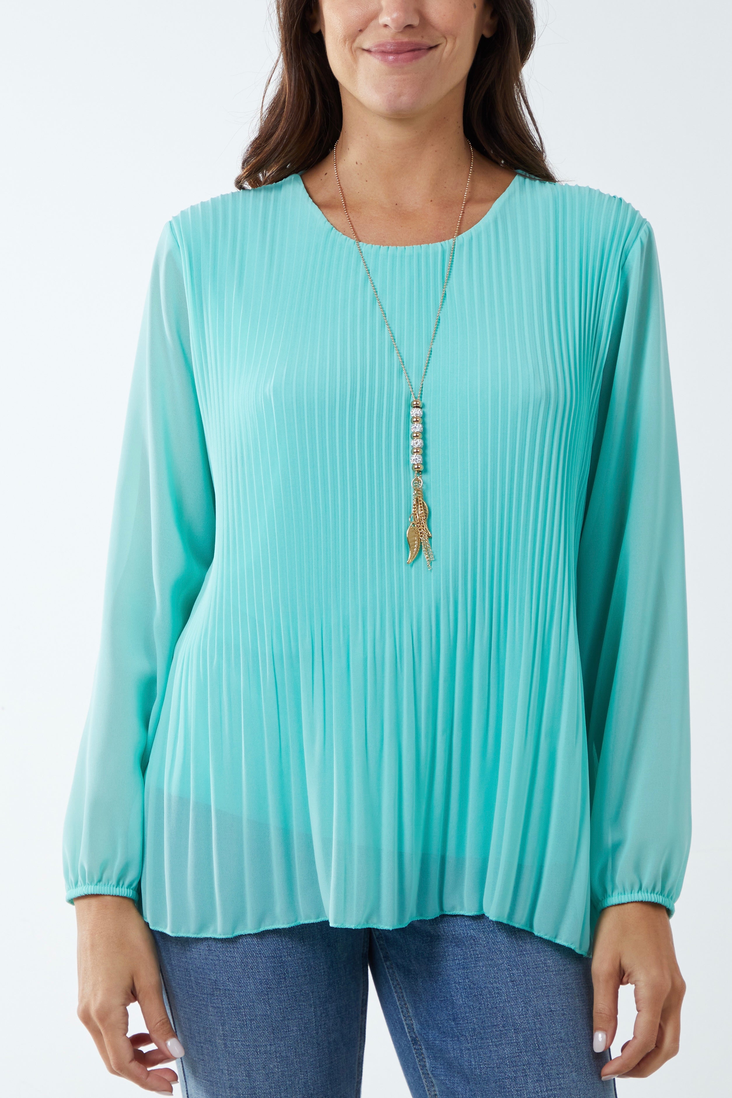 Blue Pleated Long Sleeve Necklace Top For Women ONE SIZE - Dropwear