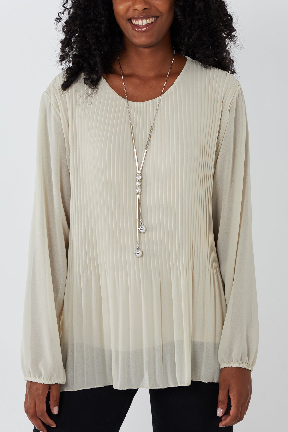 Light Blue Pleated Long Sleeve Necklace Top For Women ONE SIZE - Dropwear