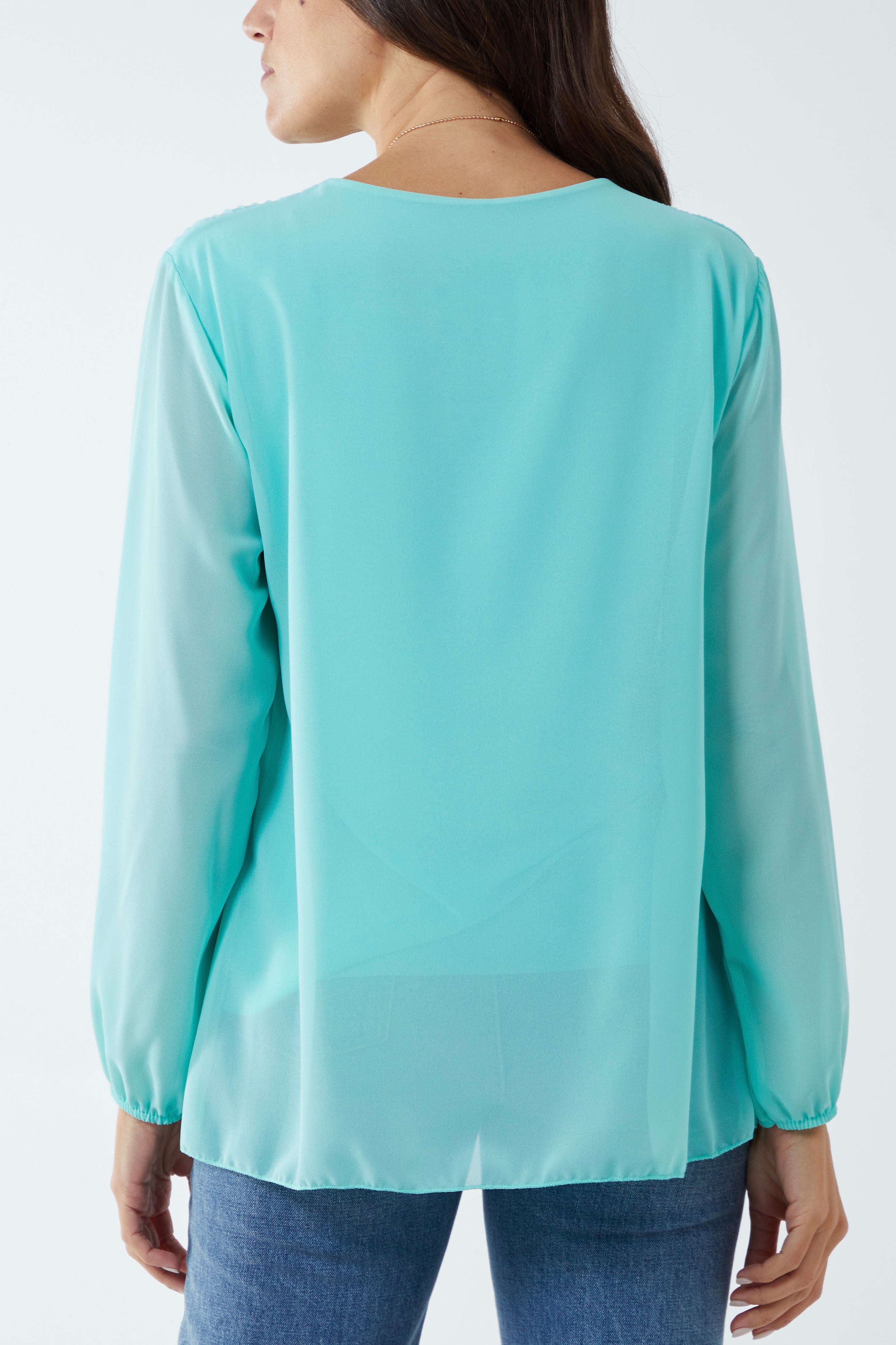 Mocha Pleated Long Sleeve Necklace Top For Women ONE SIZE - Dropwear