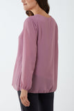 Wine Pleated Long Sleeve Necklace Top For Women ONE SIZE - Dropwear