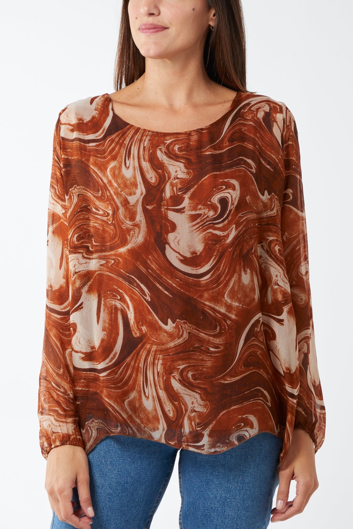 Gold Scoop Neck Abstract Swirl Print Silk Blouse For Women ONE SIZE - Dropwear