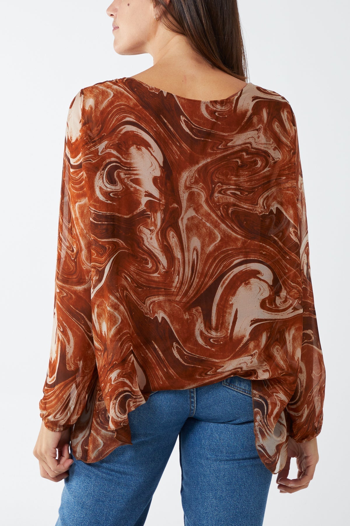 Topaz Scoop Neck Abstract Swirl Print Silk Blouse For Women ONE SIZE - Dropwear