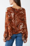 Topaz Scoop Neck Abstract Swirl Print Silk Blouse For Women ONE SIZE - Dropwear