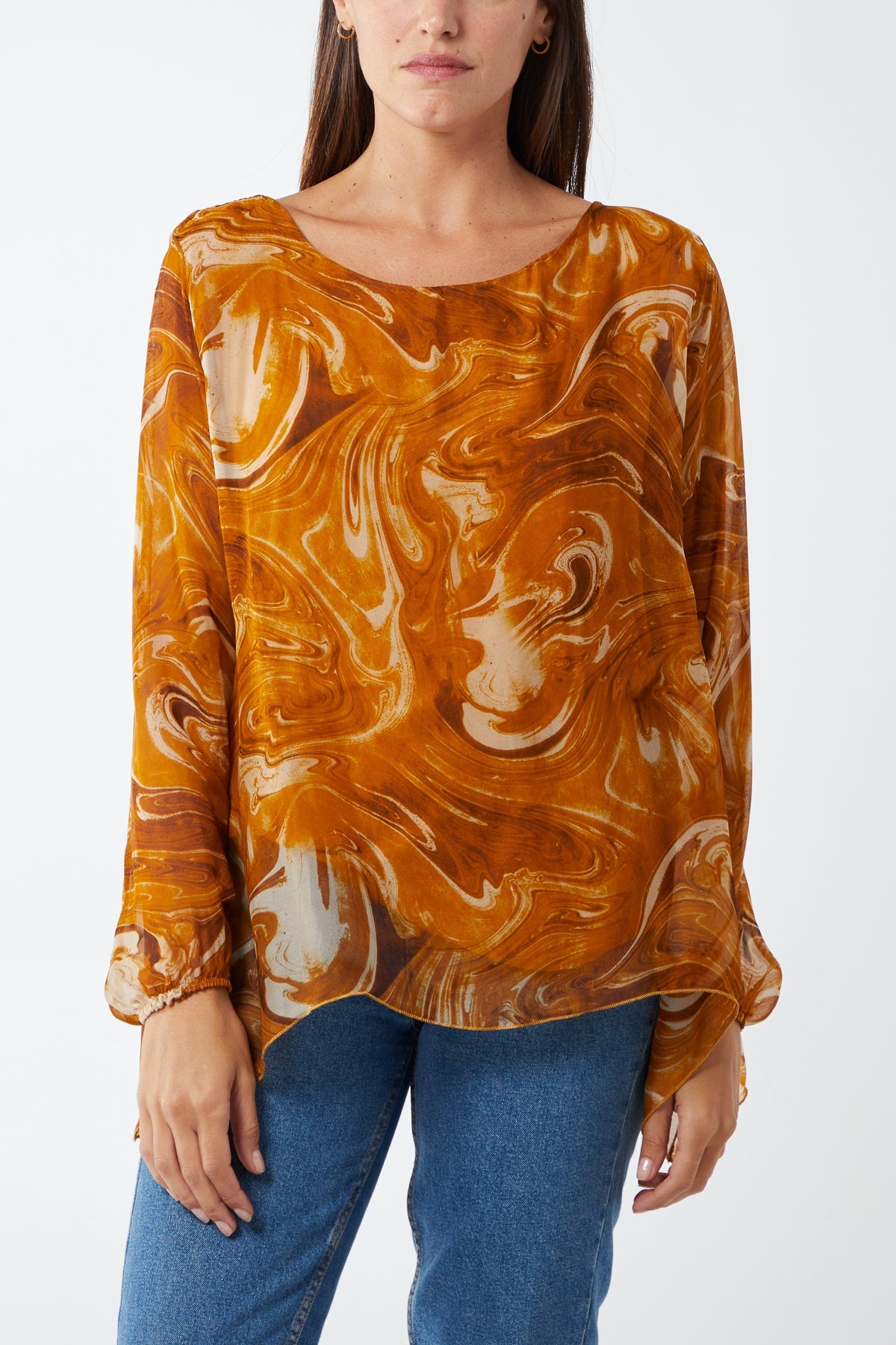 Rust Scoop Neck Abstract Swirl Print Silk Blouse For Women ONE SIZE - Dropwear