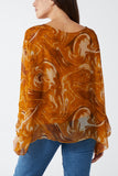 Scoop Neck Abstract Swirl Print Silk Blouse For Women  - Dropwear