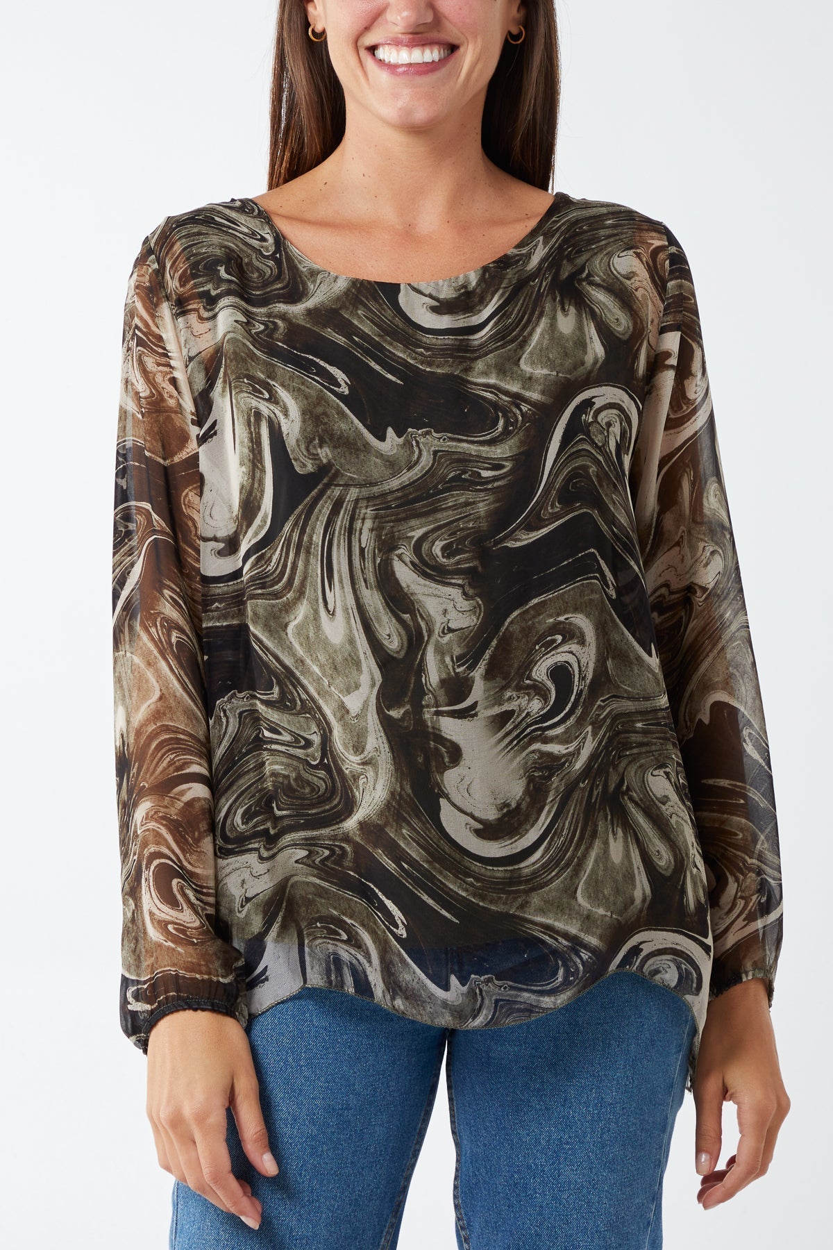 Scoop Neck Abstract Swirl Print Silk Blouse For Women  - Dropwear