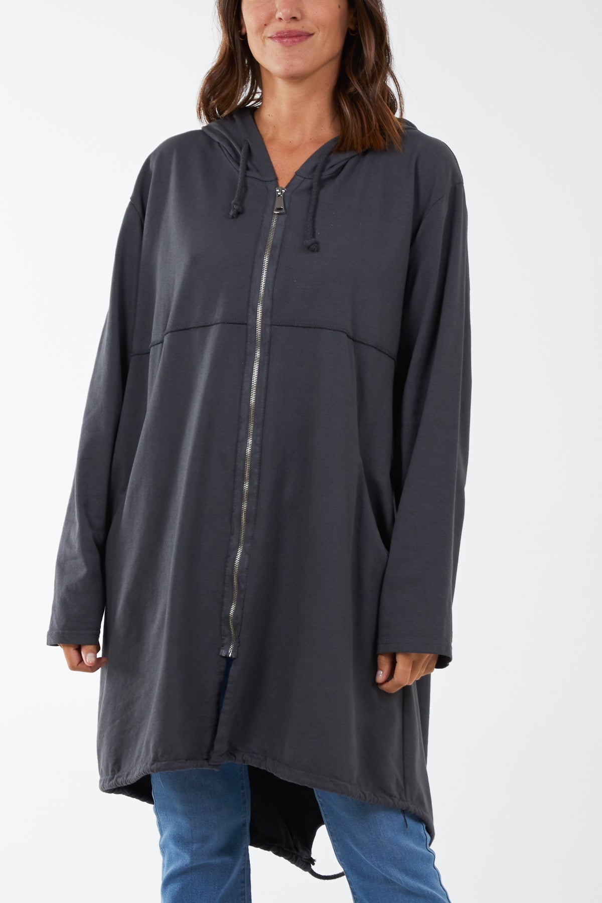 Charcoal Long Zip Up Jacket With Yin Yang Logo For Women ONE SIZE - Dropwear