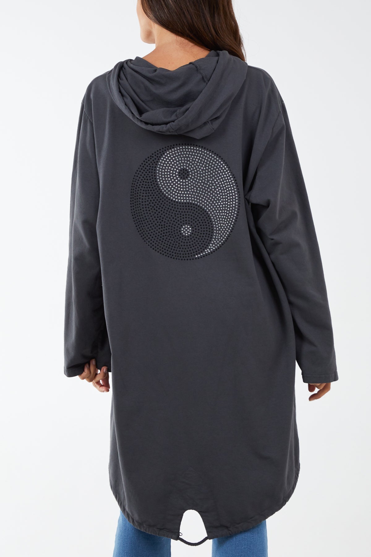 Black Long Zip Up Jacket With Yin Yang Logo For Women ONE SIZE - Dropwear