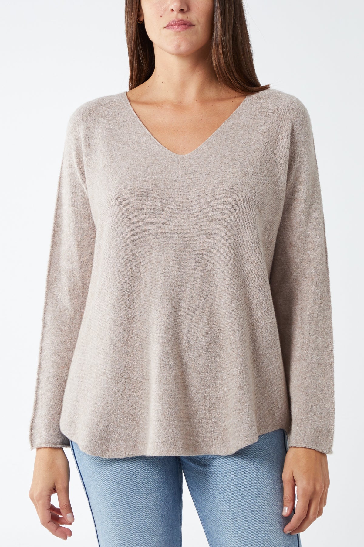 Light Grey Raw Edge V-Neck Jumper For Women ONE SIZE - Dropwear