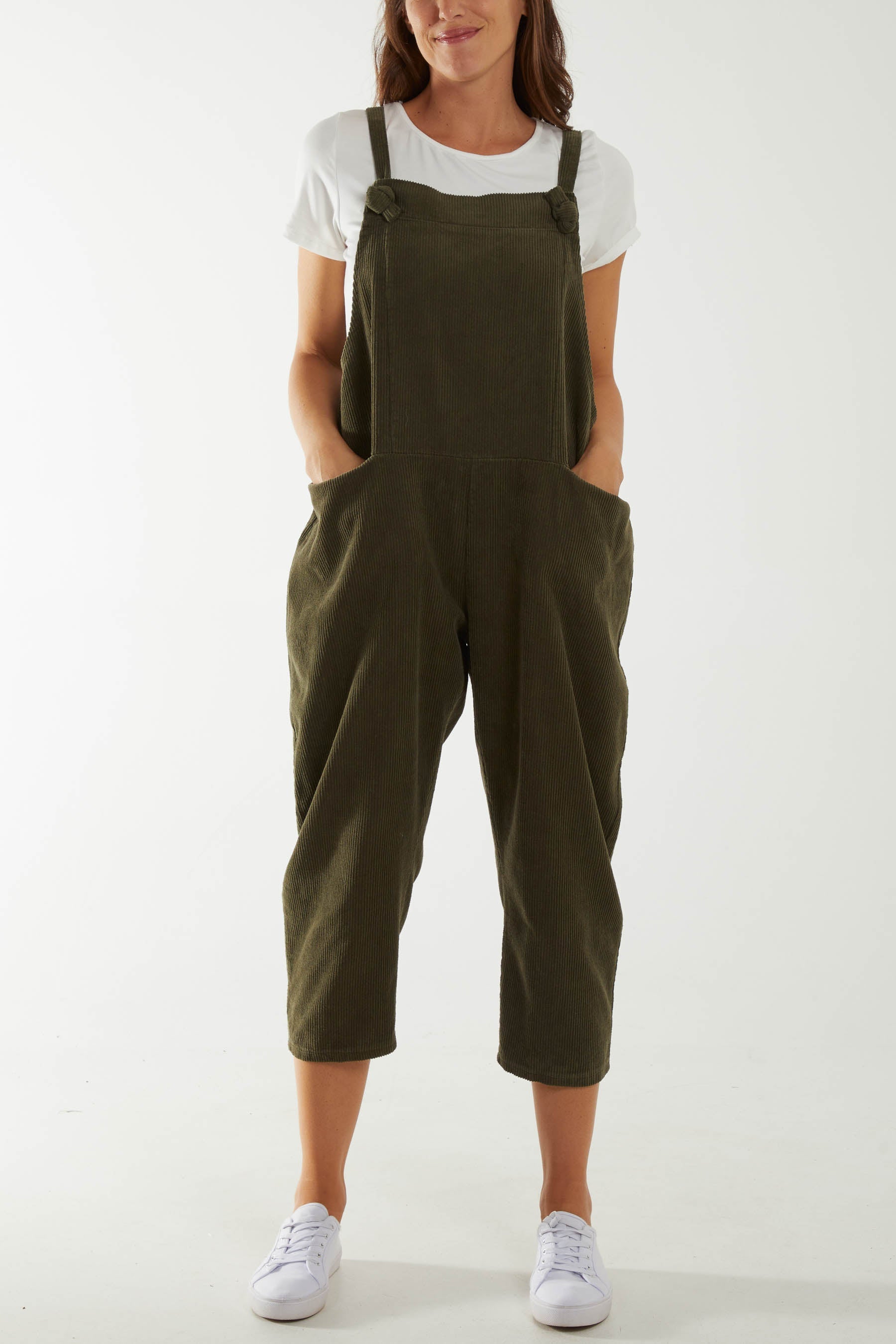 Brown Corduroy Pocket Dungarees For Women ONE SIZE - Dropwear