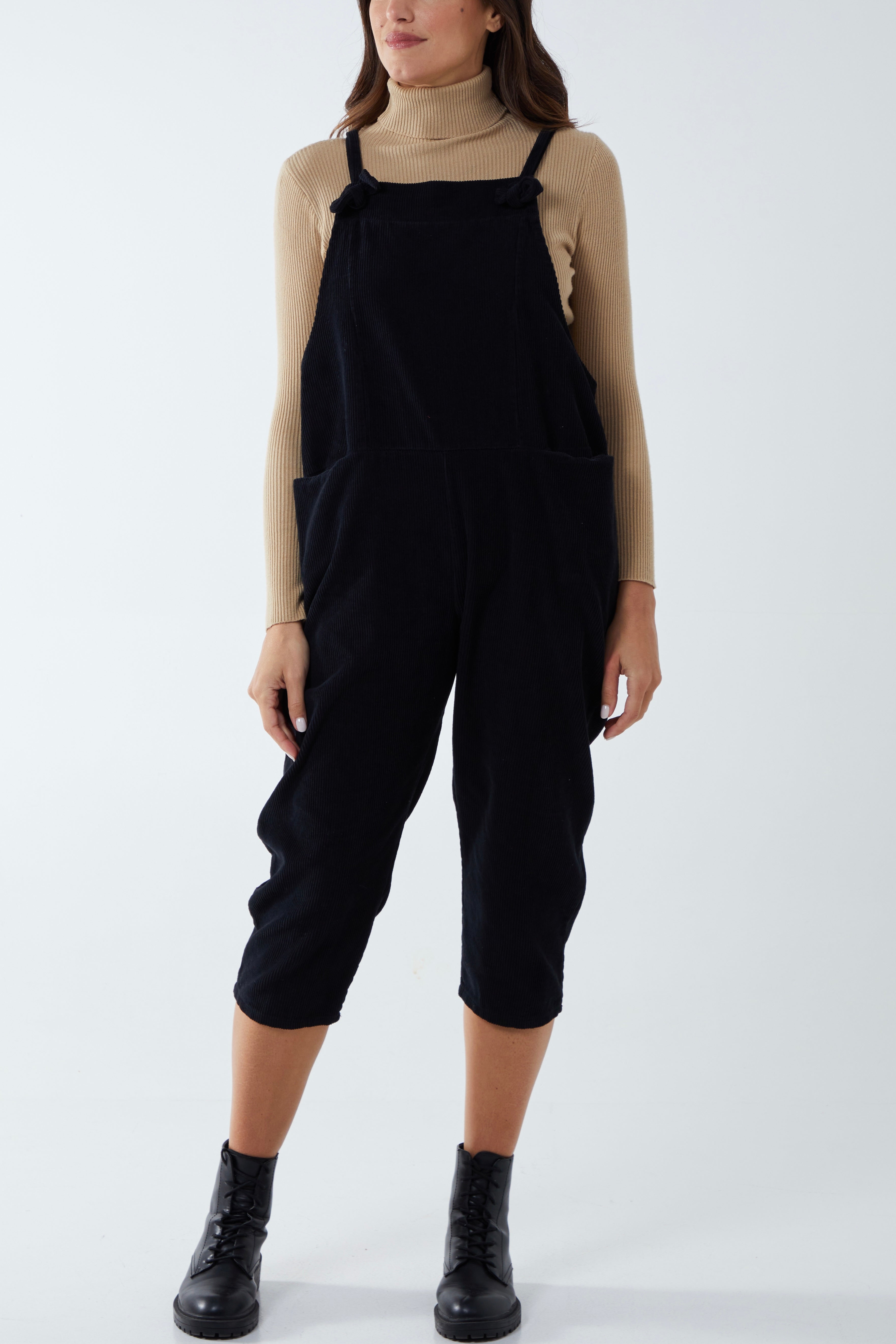 Black Corduroy Pocket Dungarees For Women ONE SIZE - Dropwear