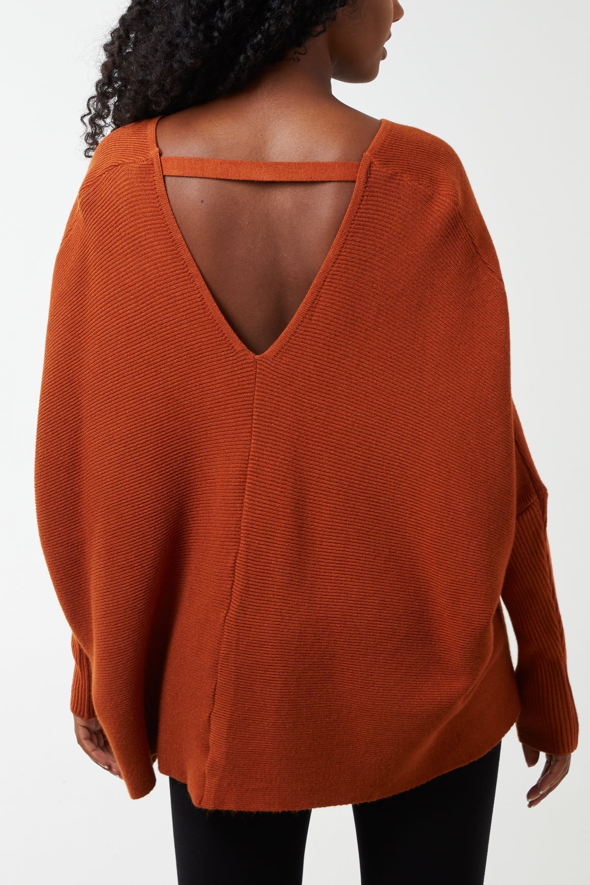 Rust Deep V-Neck Ribbed Chevron Jumper For Women ONE SIZE - Dropwear