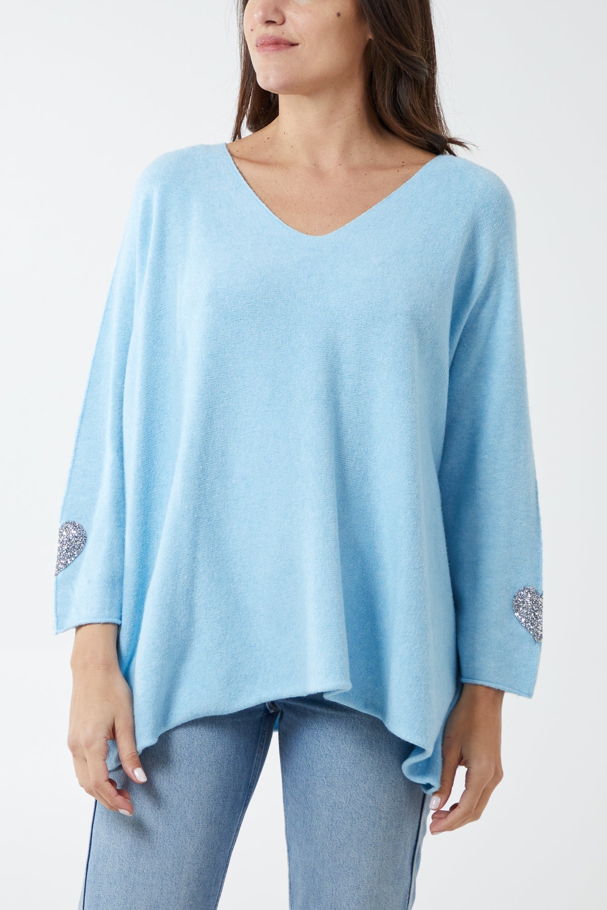 Appliqued Hearts Sleeves V-Neck Jumper For Women  - Dropwear